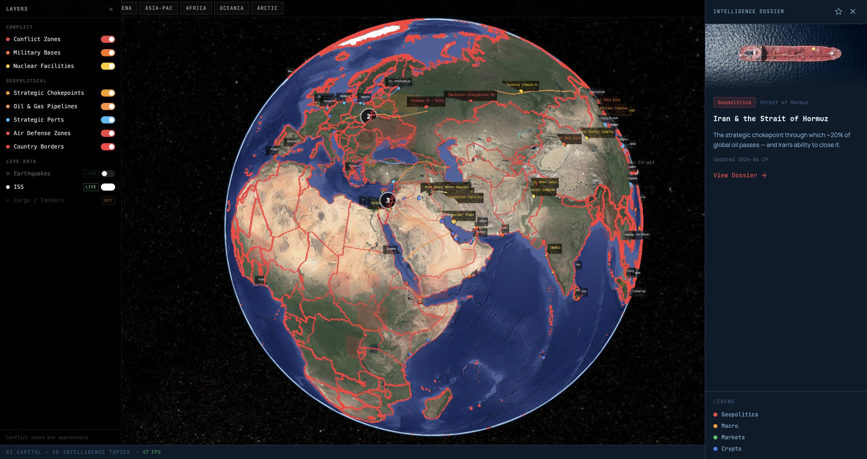 K2 Capital Intelligence Globe โ 3D view of conflict zones, military bases, and strategic chokepoints
